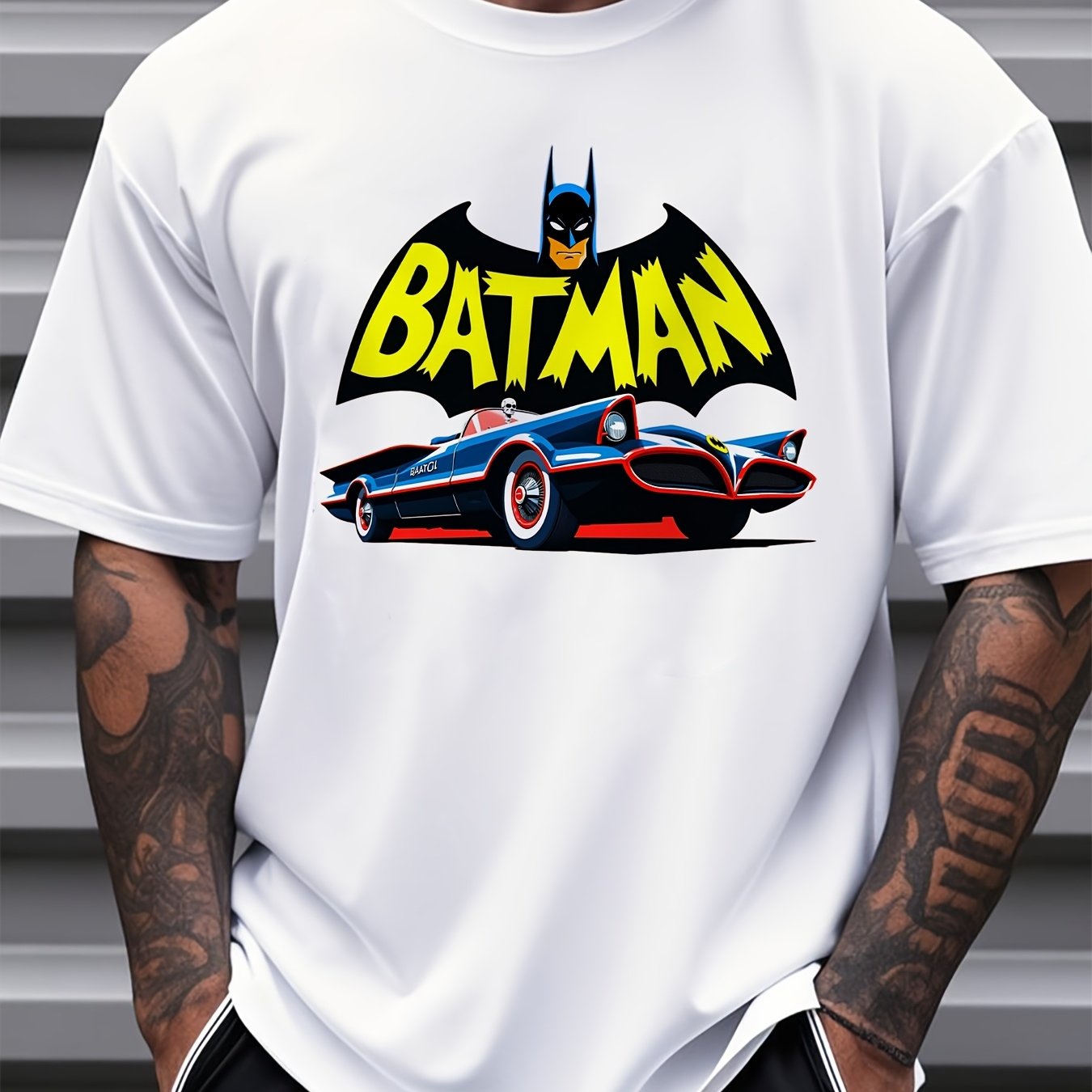 Men's Justice League Batman 1966 Batmobile Graphic T-Shirt - Soft Cotton Loose Fit Short Sleeve Tee with Retro Cartoon Superhero Design, Vintage Comic Book Style for Casual Wear & Comic Fans, Leisure Outfit, Comfortable Fit,