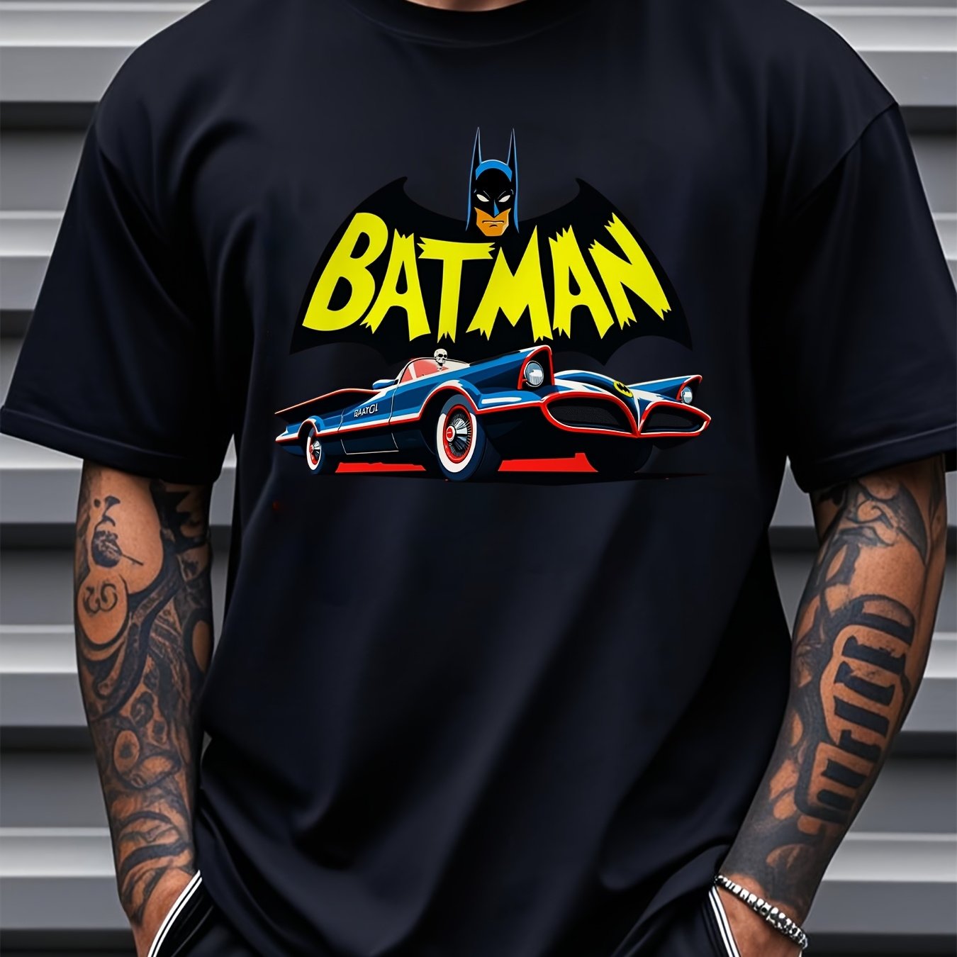 Men's Justice League Batman 1966 Batmobile Graphic T-Shirt - Soft Cotton Loose Fit Short Sleeve Tee with Retro Cartoon Superhero Design, Vintage Comic Book Style for Casual Wear & Comic Fans, Leisure Outfit, Comfortable Fit,