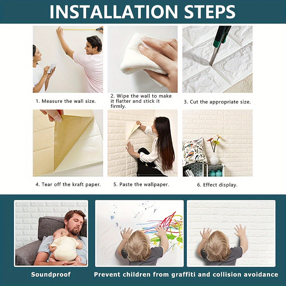 Self-Adhesive 3D Brick Wallpaper - Vinyl Wall Sticker, Washable Peel and Stick Foam Wall Tile for Living Room, Bedroom, Kitchen, Straight Match, Shapes and Stripes Style for Home, Office, and Dorm Decor