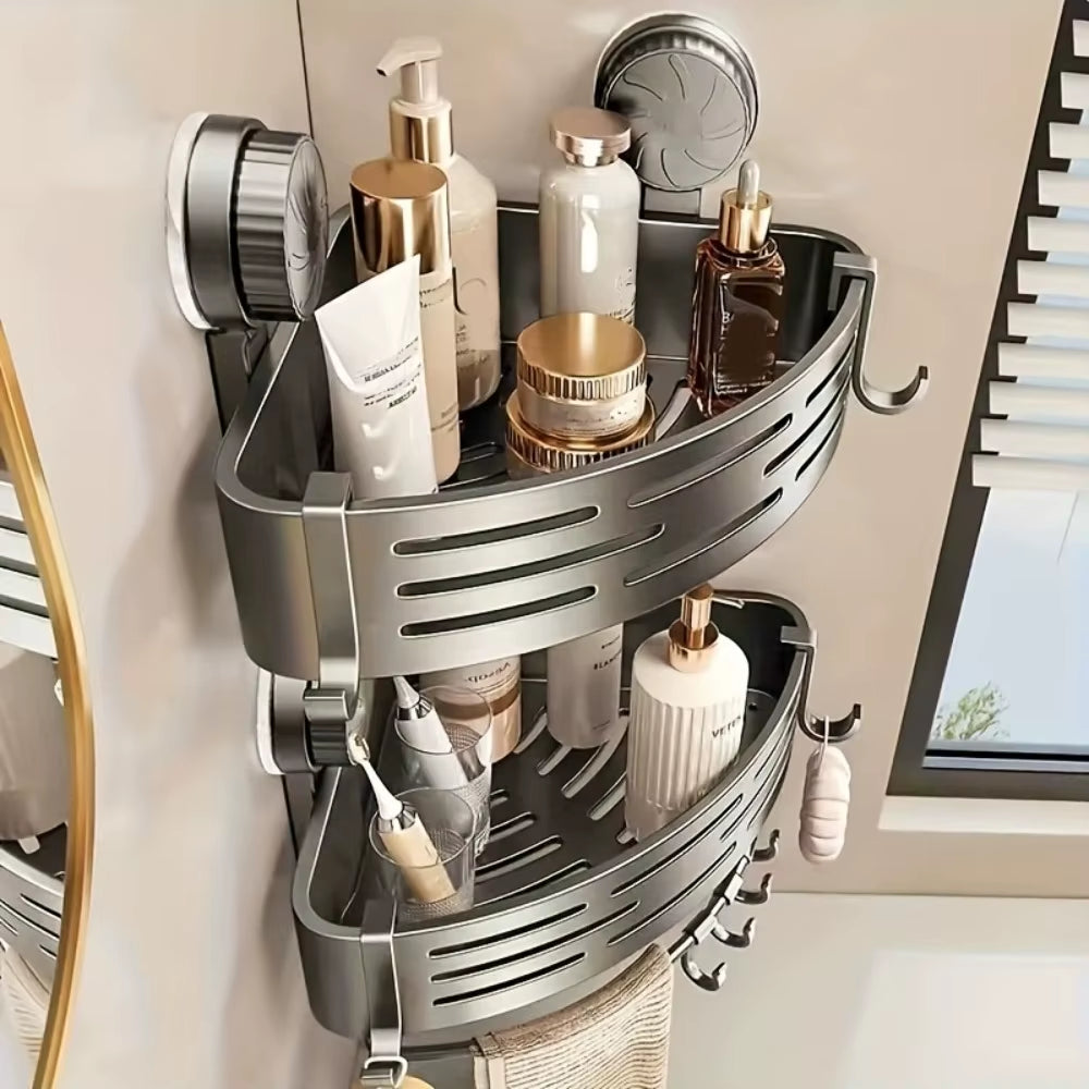 Triangular Space-Saving Suction Cup Bathroom Storage Shelf No Drilling Required Multifunctional Storage Organizer with Hooks