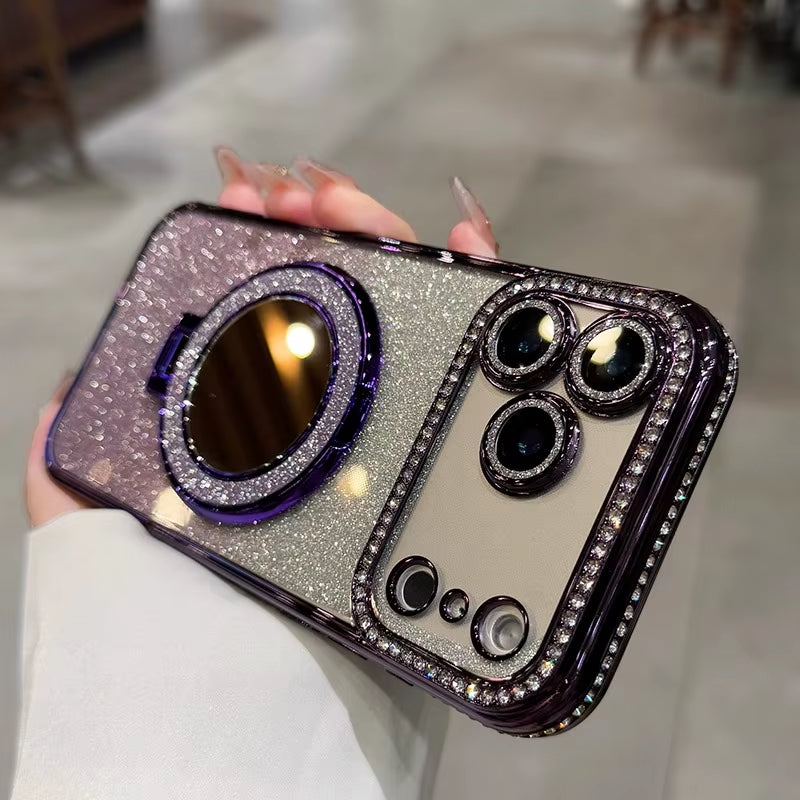 For Magsafe Glitter Diamond Mirror Bracket Case for Iphone 17 16 15 Pro Max 14 plus Air 11 12 13 Stand Make up Lens Film Cover