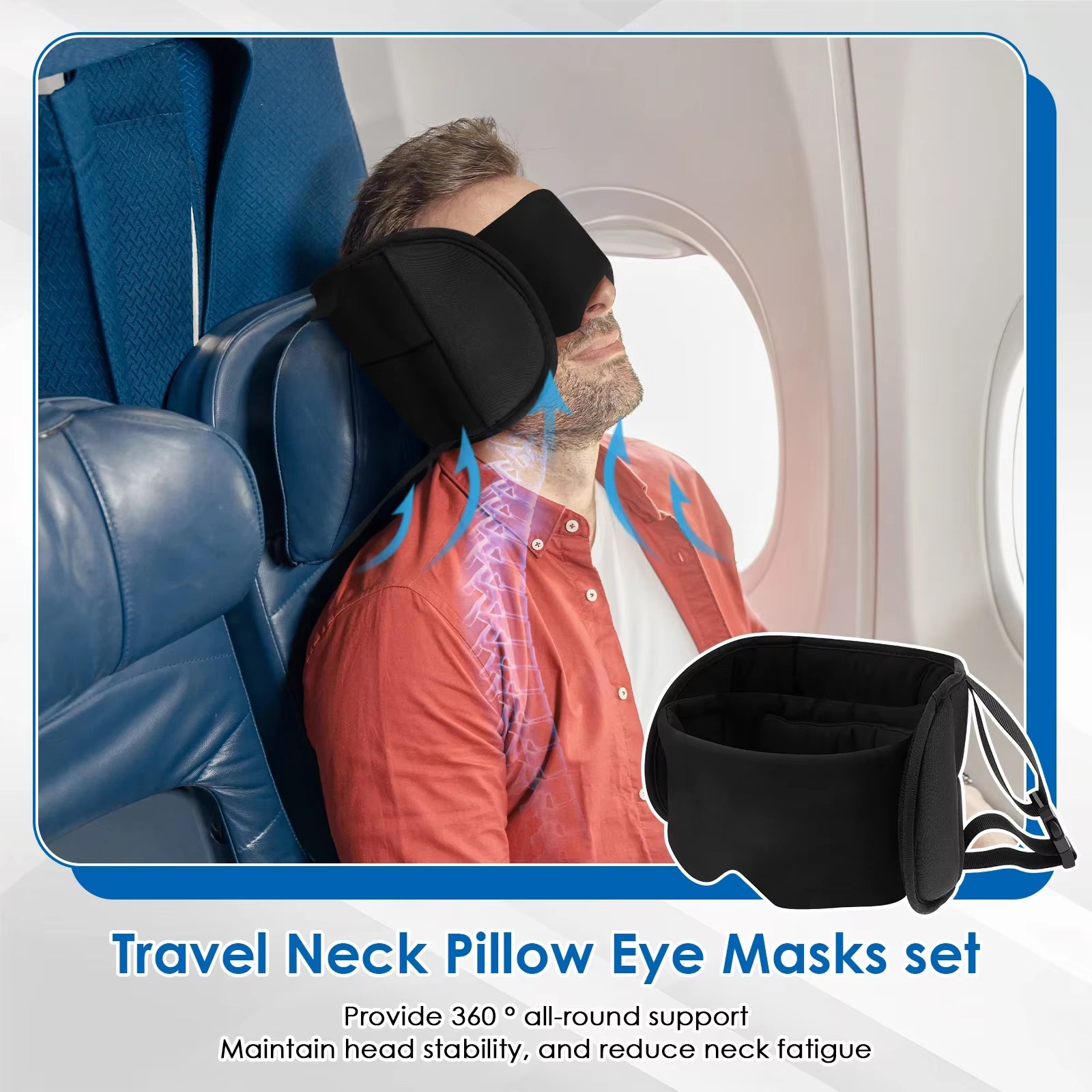 2 in 1 Travel Pillow Cotton Comfortable Neck Headrest with Eye Mask and Storage Bag 360° Support Airplane Pillow for Travelling