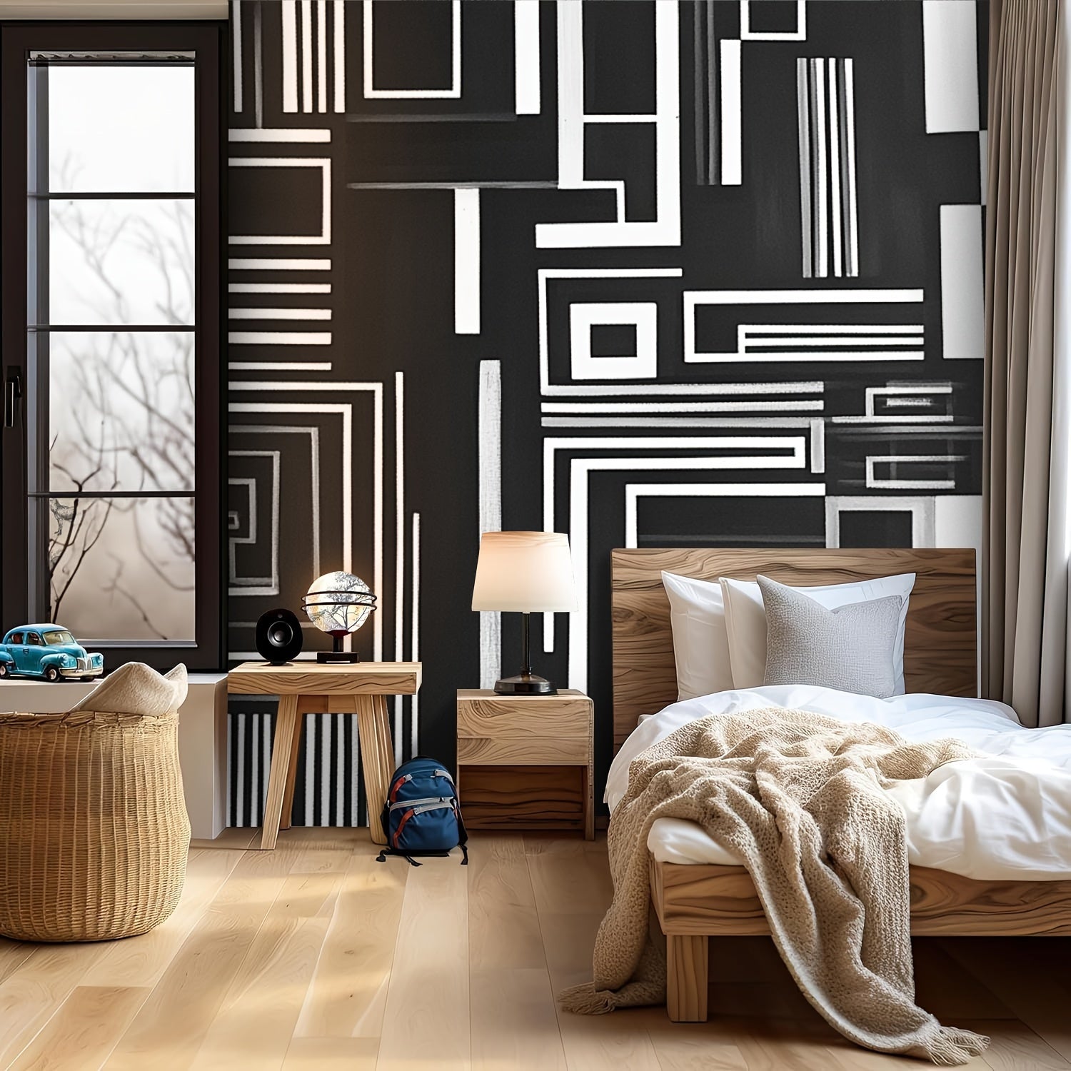 Canvas Wallpaper Modern Minimalist Black Stripes Maze Lines Vintage Boho Charcoal Grey Peel & Stick Wallpaper Self-Adhesive Removable Wall Decor for Living Room Bedroom - 100" x 144", Made in the USA