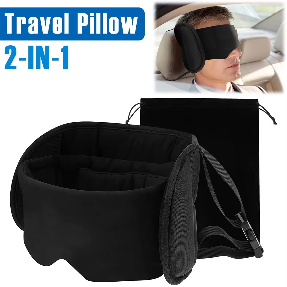 2 in 1 Travel Pillow Cotton Comfortable Neck Headrest with Eye Mask and Storage Bag 360° Support Airplane Pillow for Travelling
