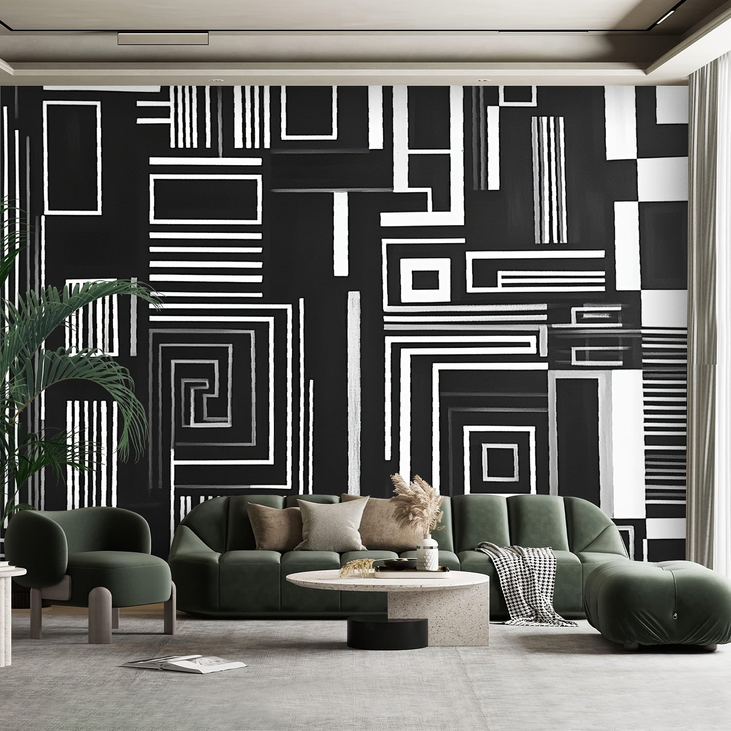Canvas Wallpaper Modern Minimalist Black Stripes Maze Lines Vintage Boho Charcoal Grey Peel & Stick Wallpaper Self-Adhesive Removable Wall Decor for Living Room Bedroom - 100" x 144", Made in the USA