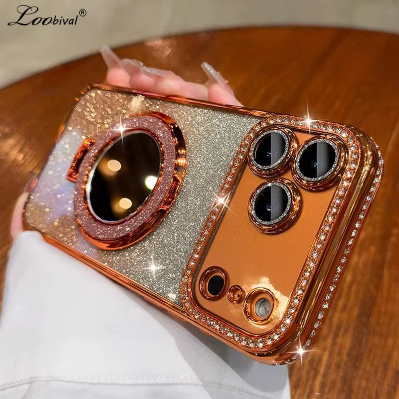 For Magsafe Glitter Diamond Mirror Bracket Case for Iphone 17 16 15 Pro Max 14 plus Air 11 12 13 Stand Make up Lens Film Cover