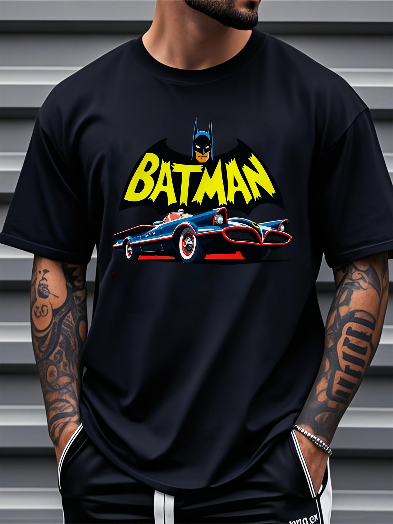 Men's Justice League Batman 1966 Batmobile Graphic T-Shirt - Soft Cotton Loose Fit Short Sleeve Tee with Retro Cartoon Superhero Design, Vintage Comic Book Style for Casual Wear & Comic Fans, Leisure Outfit, Comfortable Fit,