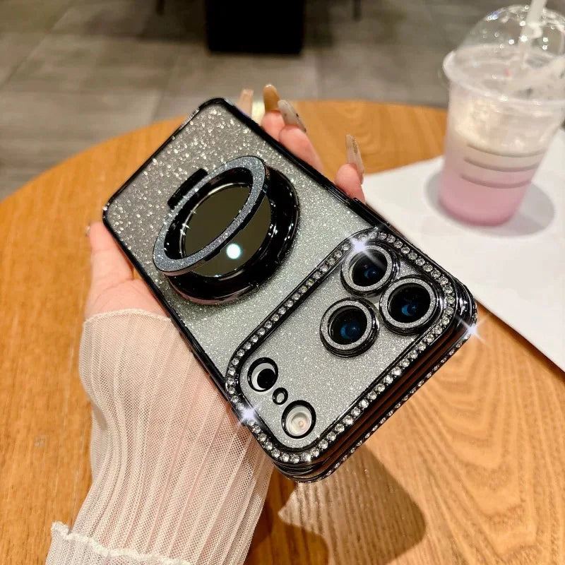 For Magsafe Glitter Diamond Mirror Bracket Case for Iphone 17 16 15 Pro Max 14 plus Air 11 12 13 Stand Make up Lens Film Cover