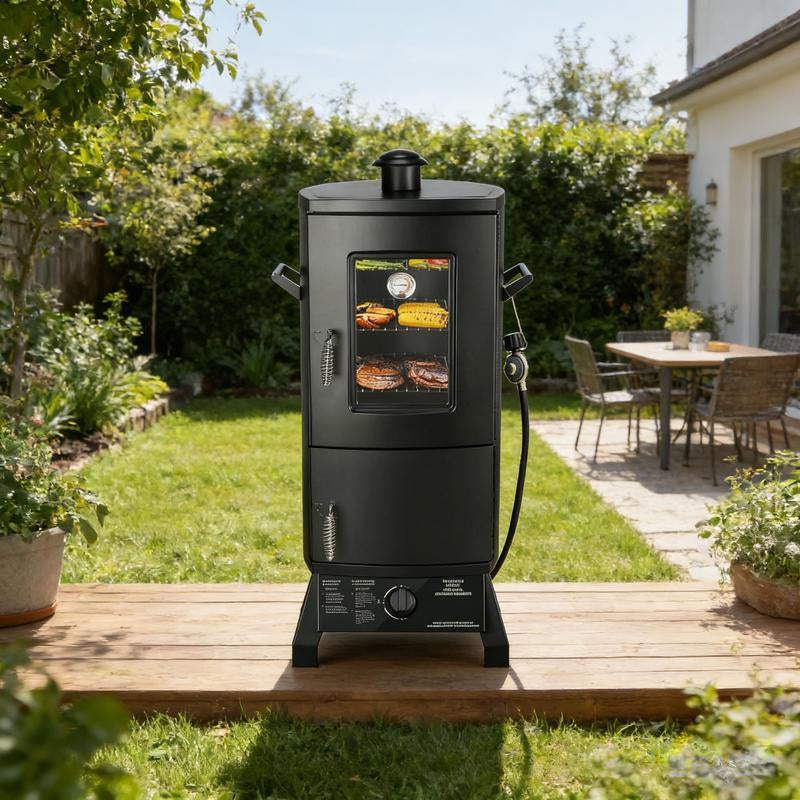 MBY Vertical Propane Smoker Set with Cover, BBQ Smoker Grill, Three Removable Smoking Shelves, Temperature Control, Alloy Steel