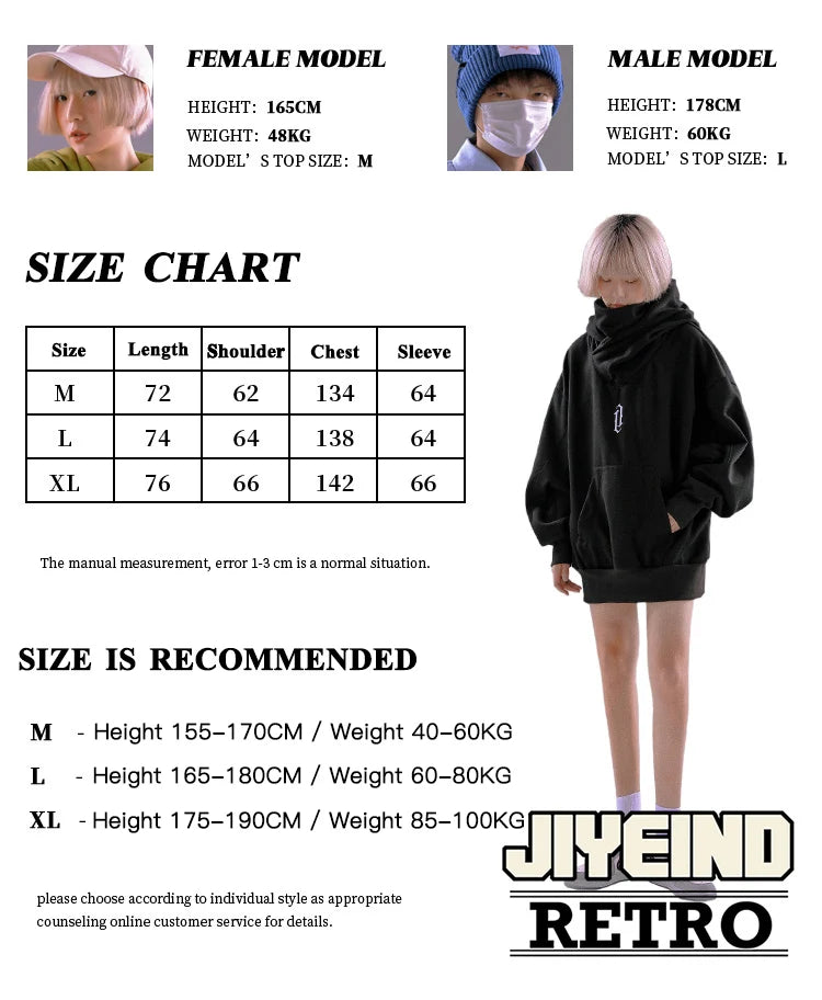 Unisex Autumn Winter High collar loose hooded Men's clothes Harajuku High Street streetwear oversize Sweatshirt hoodie Hiphop