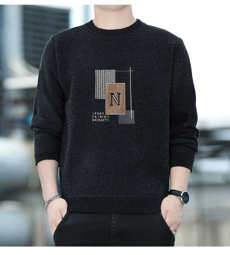 Mens Fashion Sweater Thick Fleeced Top Clothes Casual Pullovers  Jumpers Autumn Winter Men's Clothes