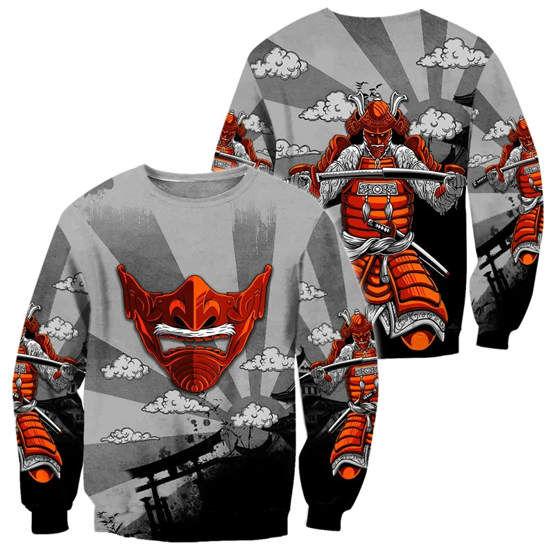 Japanese Mythology Mask Printed Sweatshirt Men's Clothes Harajuku Street Pullover Top 3D Printed Mysterious Culture Sweatshirts