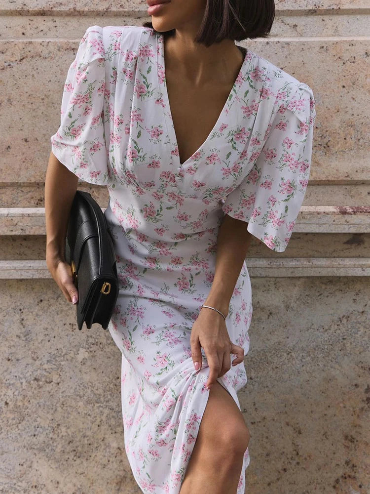 New Summer Women's Printed Short Sleeved Long Dress,Casual Dress,Woman's Clothing,Floral Dresses,White Dresses