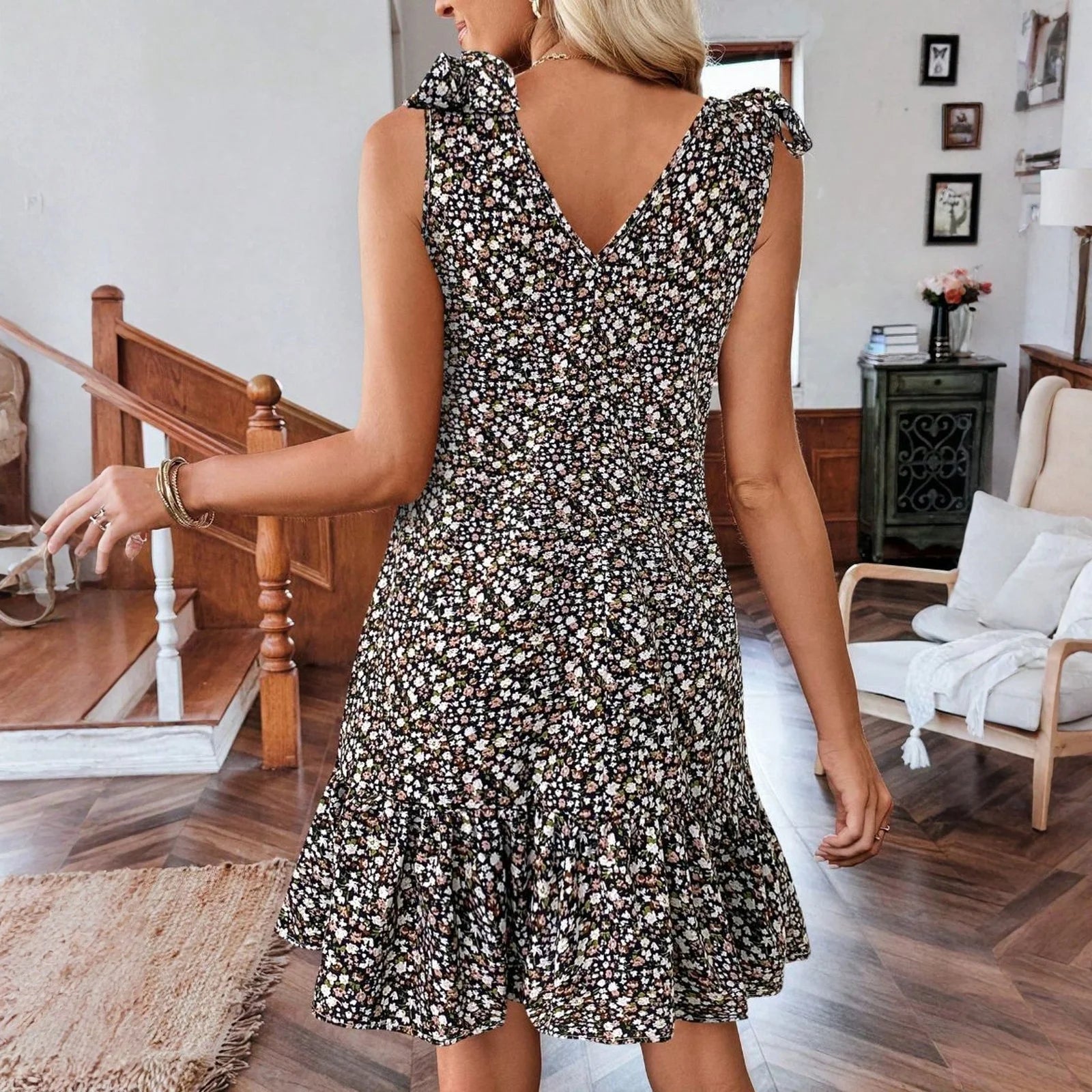 Fashion Floral Dresses for Women Elegant V-neck Bow Vest Dress Casual Loose Ruffle Summer Dress Loose Knee-length Dress
