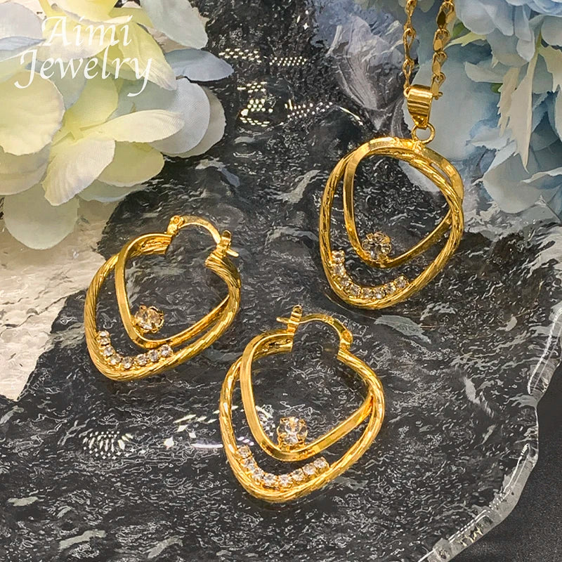 Cute Simple Pendant Necklace Golden Hoop Earrings 2Pcs Jewelry Set for Women Dubai Bridal Wedding Party Valentine's Day Gifts