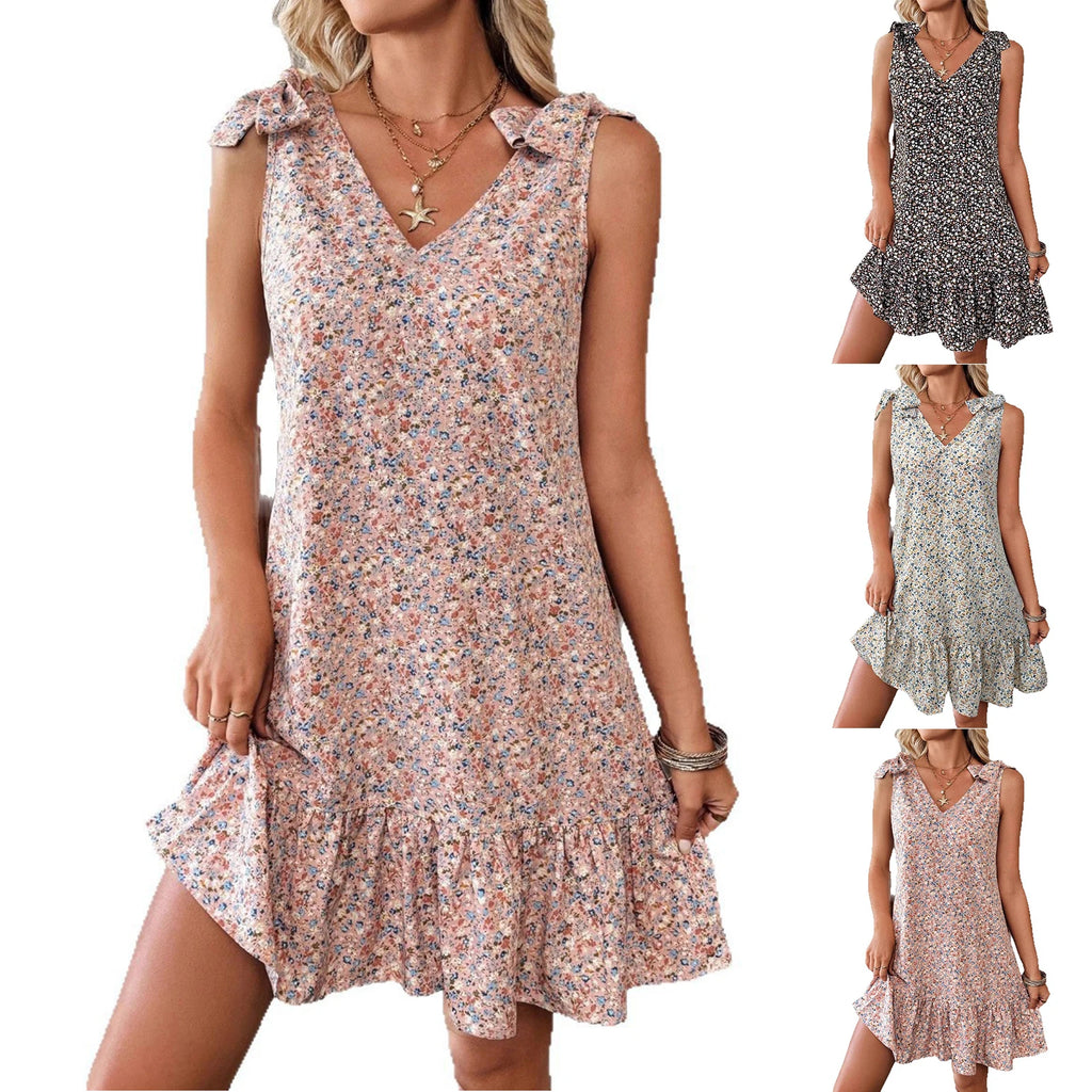 Fashion Floral Dresses for Women Elegant V-neck Bow Vest Dress Casual Loose Ruffle Summer Dress Loose Knee-length Dress