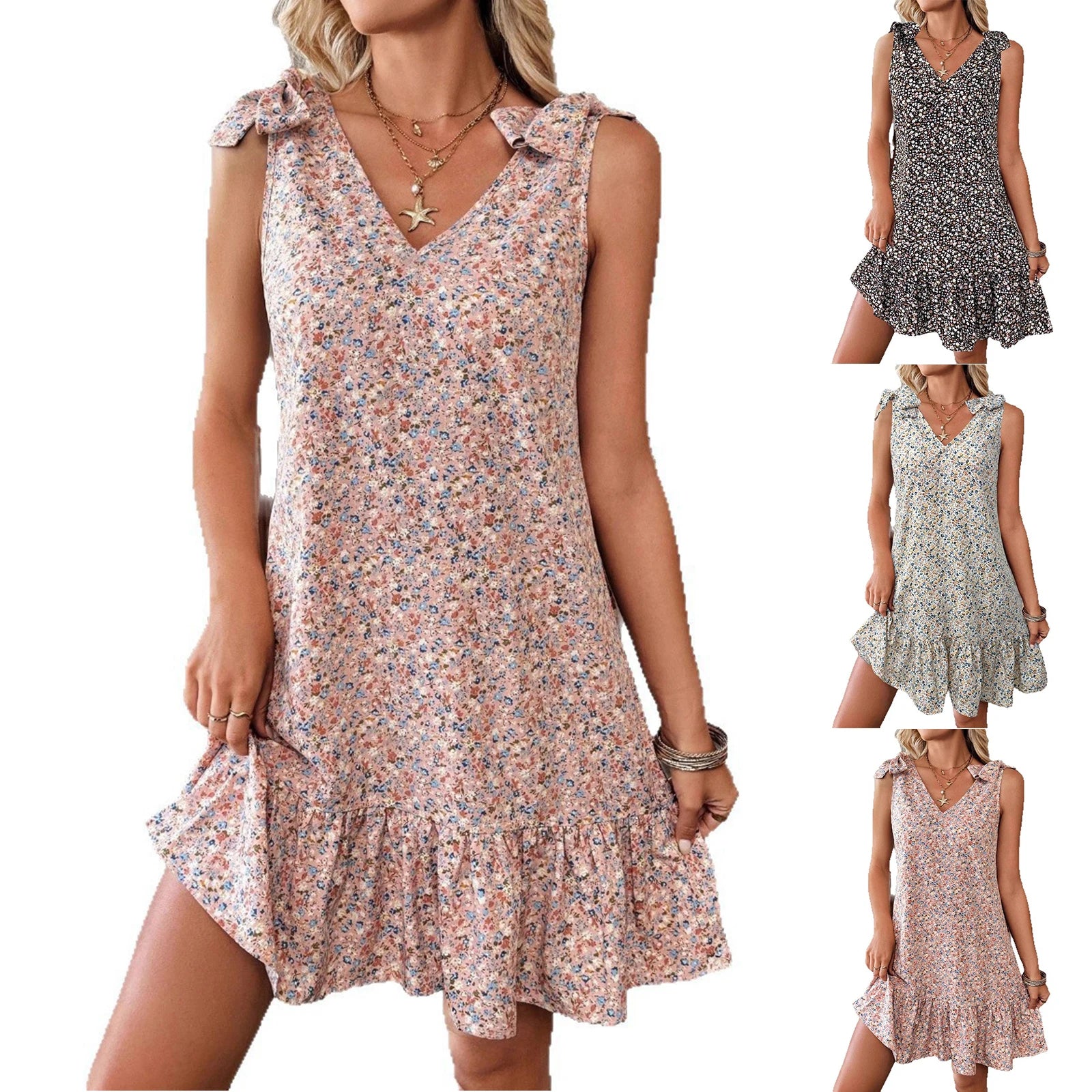 Fashion Floral Dresses for Women Elegant V-neck Bow Vest Dress Casual Loose Ruffle Summer Dress Loose Knee-length Dress