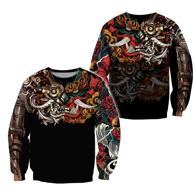 Japanese Mythology Mask Printed Sweatshirt Men's Clothes Harajuku Street Pullover Top 3D Printed Mysterious Culture Sweatshirts