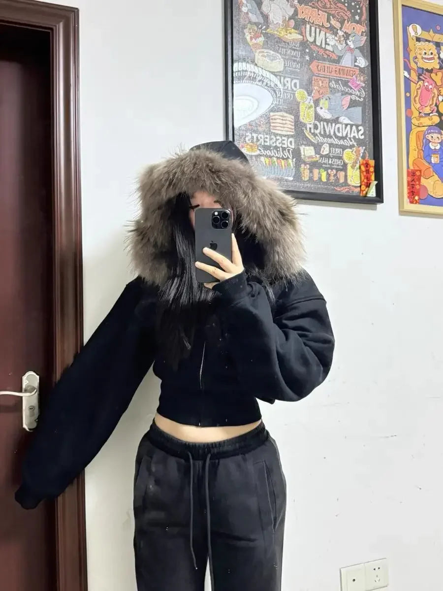 Black Fur Collar Zipper Sweatshirt Simple Fashion Furry Collar Zipper Hooded Sweatshirt Vintage Y2k Zipper Hooded Sweatshirt