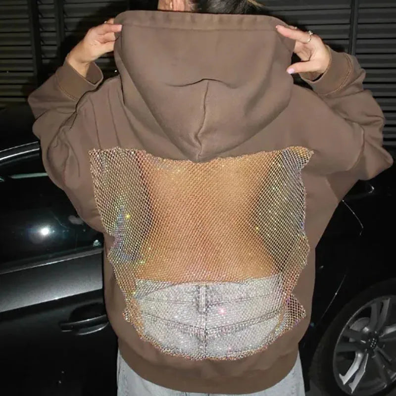Sexy backless sweatshirt with hollowed out splicing pullover sweatshirt casual long sleeved solid color hooded sweatshirt