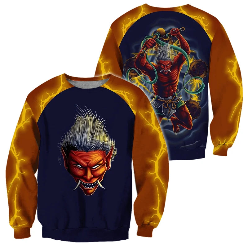 Japanese Mythology Mask Printed Sweatshirt Men's Clothes Harajuku Street Pullover Top 3D Printed Mysterious Culture Sweatshirts