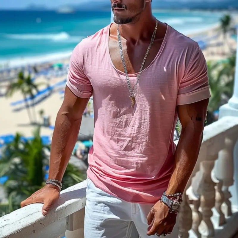 Mens Plain T-Shirt Holiday Essential Lightweight Breathable Cotton Comfortable Casual Summer Beach Resort Wear