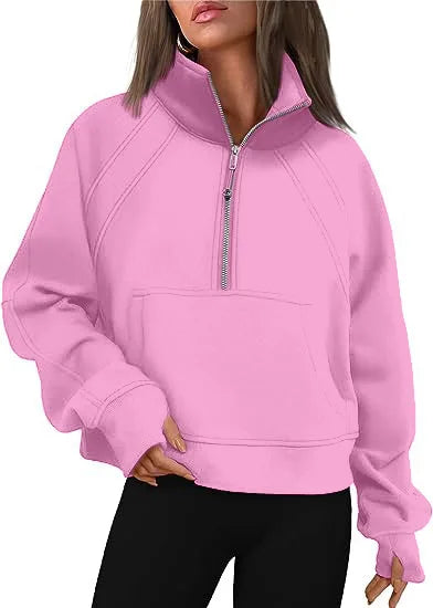 Women Sweatshirt  Stand Collar Spring Autumn Solid Color Hoodie Long Sleeve Pocket Loose Half Zip Sporty Pullover Streetwear Top