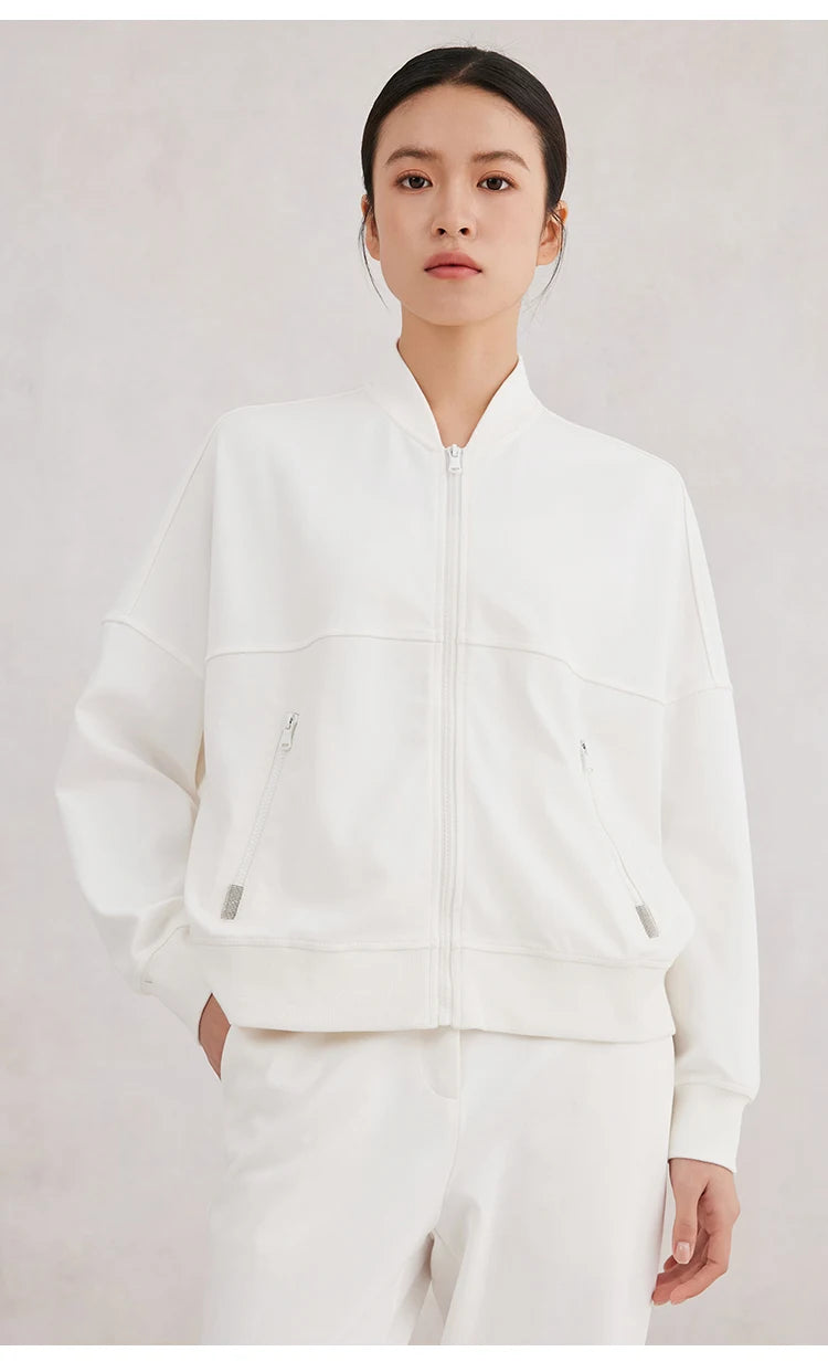 K3061W Spring High Quality Woman's Clothing 96% Combed Cotton Hooded Zipper Sweatshirt Jacket