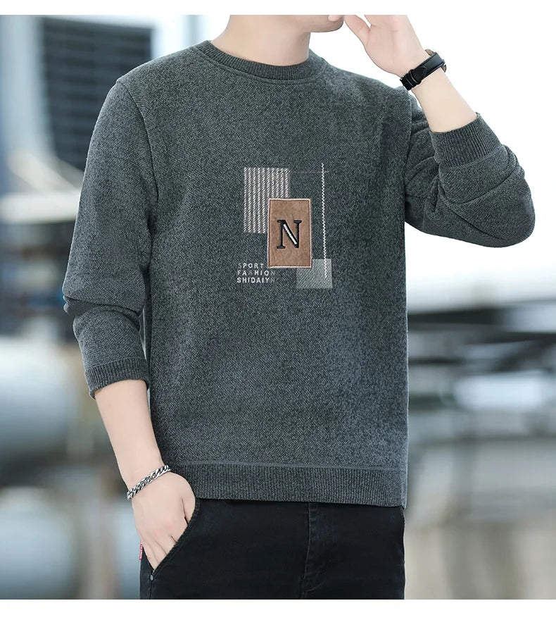 Mens Fashion Sweater Thick Fleeced Top Clothes Casual Pullovers  Jumpers Autumn Winter Men's Clothes