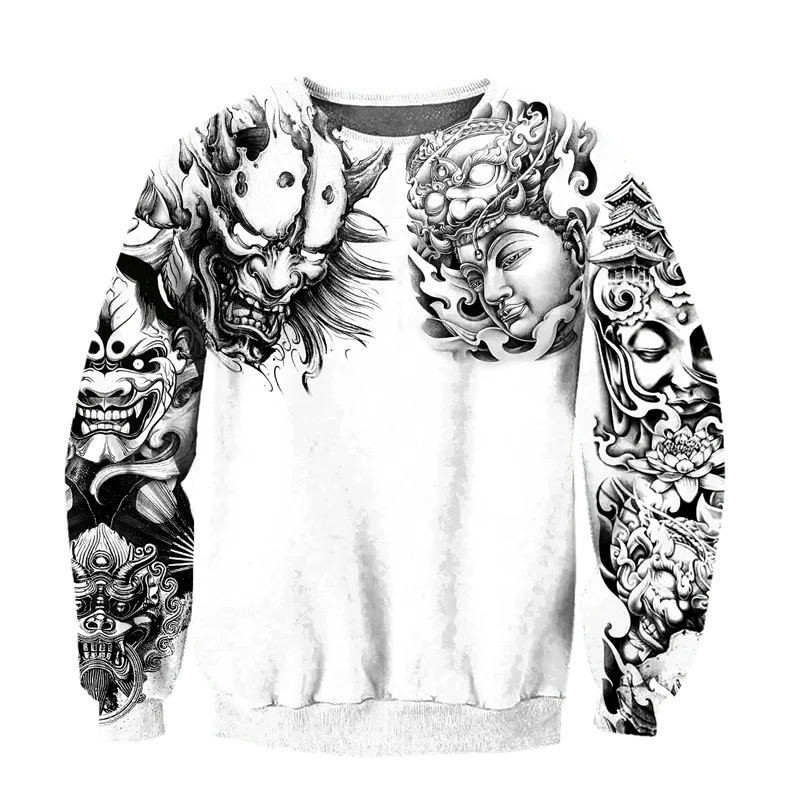 Japanese Mythology Mask Printed Sweatshirt Men's Clothes Harajuku Street Pullover Top 3D Printed Mysterious Culture Sweatshirts