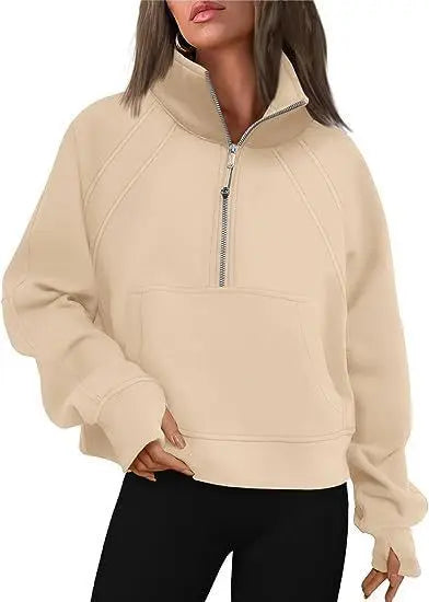 Women Sweatshirt  Stand Collar Spring Autumn Solid Color Hoodie Long Sleeve Pocket Loose Half Zip Sporty Pullover Streetwear Top