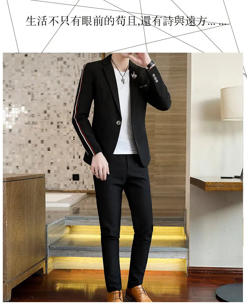 Suit  (Blazer+Pants) Men's Fashionable Checked Travel Gentleman Wedding Fitted Business Trend Casual Korean-style Formal Wear