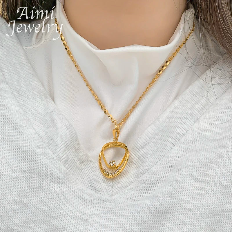 Cute Simple Pendant Necklace Golden Hoop Earrings 2Pcs Jewelry Set for Women Dubai Bridal Wedding Party Valentine's Day Gifts
