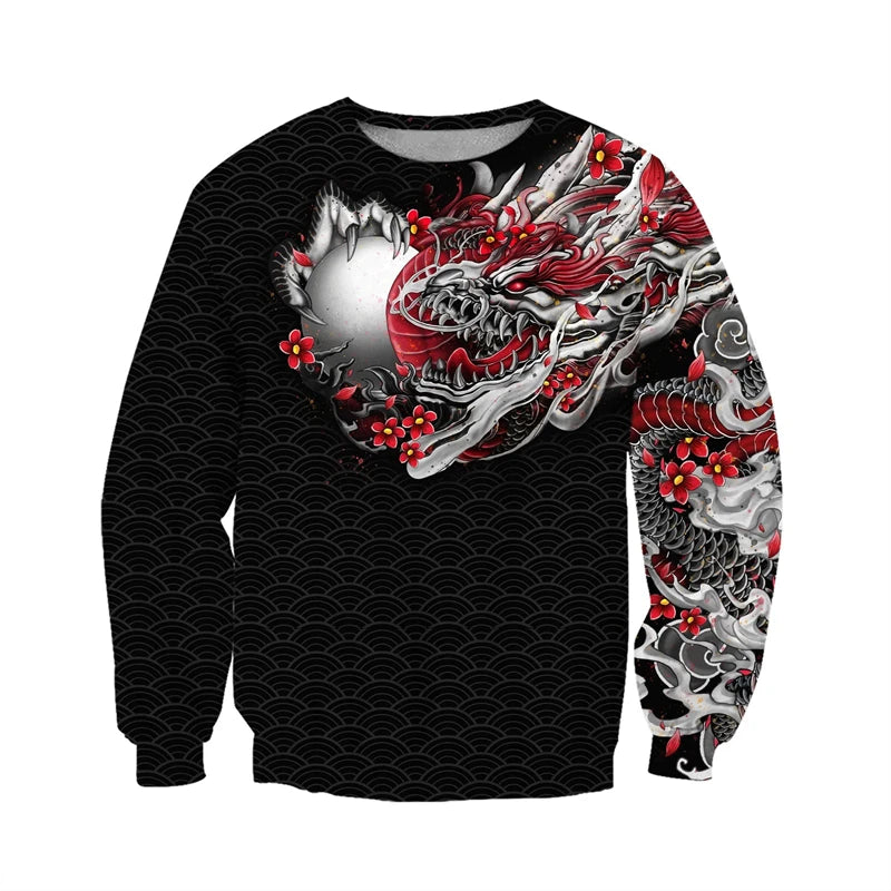 Japanese Mythology Mask Printed Sweatshirt Men's Clothes Harajuku Street Pullover Top 3D Printed Mysterious Culture Sweatshirts