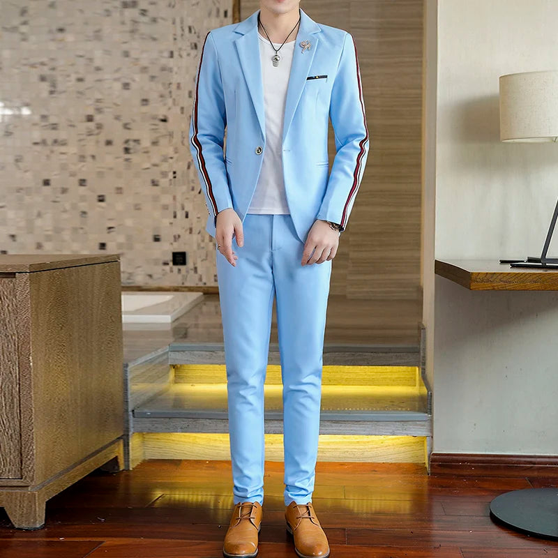 Suit  (Blazer+Pants) Men's Fashionable Checked Travel Gentleman Wedding Fitted Business Trend Casual Korean-style Formal Wear