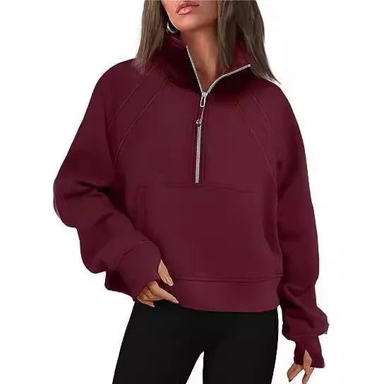 Women Sweatshirt  Stand Collar Spring Autumn Solid Color Hoodie Long Sleeve Pocket Loose Half Zip Sporty Pullover Streetwear Top
