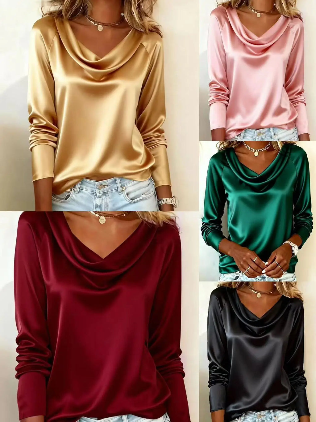  Women - Luxurious Draping Long Sleeve Silk-Like Top Chic Everyday & Office Wear