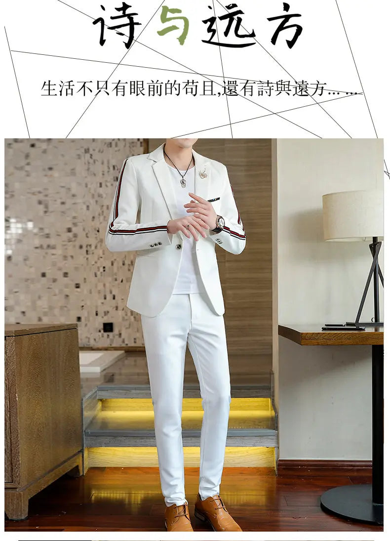 Suit  (Blazer+Pants) Men's Fashionable Checked Travel Gentleman Wedding Fitted Business Trend Casual Korean-style Formal Wear