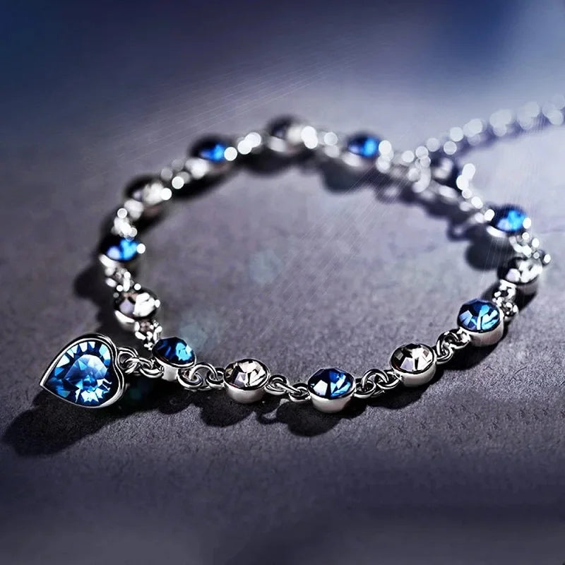 Fashion Heart of Ocean Pendant Bracelets New Shiny Blue Crystal Love  Bracelet for Women Valentine's Day Jewelry Wholesale