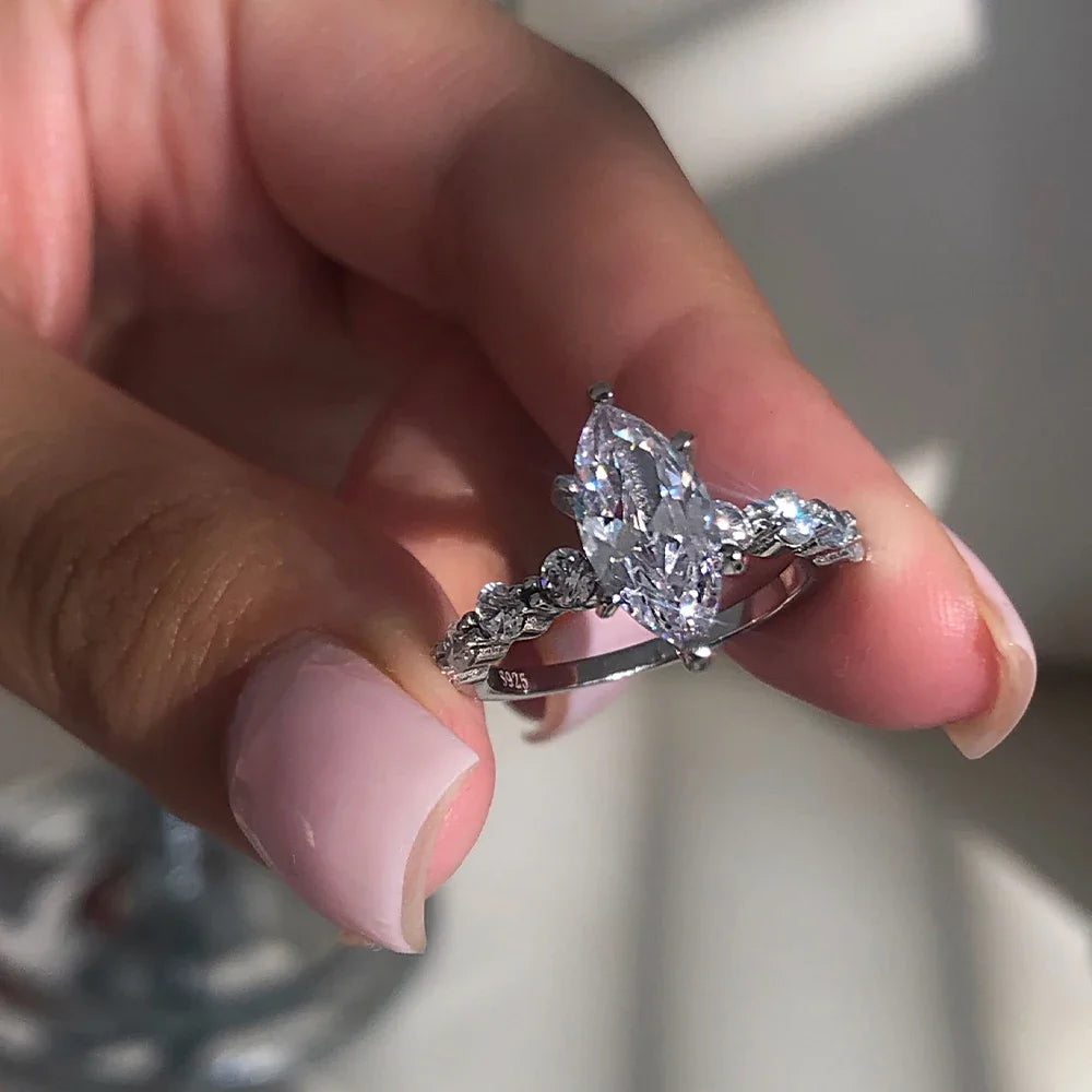 Moonso Arrival Adjustable Silver Color Marquise Engagement Wedding Ring for Women Valentine's Day Gift Jewelry Wholesale R8406