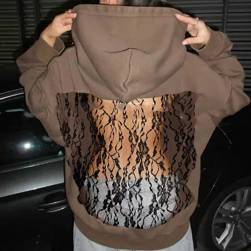 Sexy backless sweatshirt with hollowed out splicing pullover sweatshirt casual long sleeved solid color hooded sweatshirt
