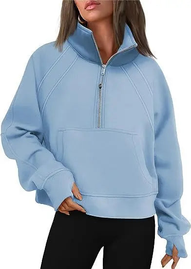 Women Sweatshirt  Stand Collar Spring Autumn Solid Color Hoodie Long Sleeve Pocket Loose Half Zip Sporty Pullover Streetwear Top