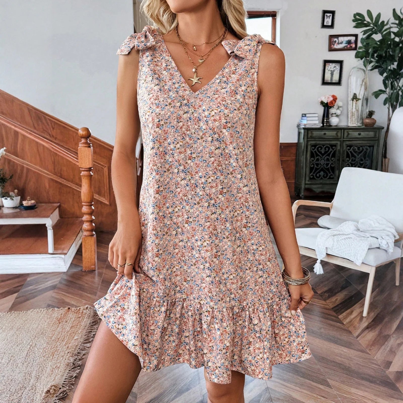 Fashion Floral Dresses for Women Elegant V-neck Bow Vest Dress Casual Loose Ruffle Summer Dress Loose Knee-length Dress