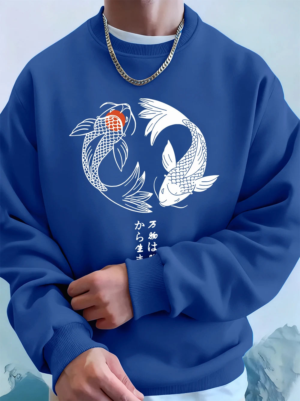 Japanese Koi Harajuku Printed Mens Sweatshirt Winter Crewneck Hoodies Street Fleece Warm Loose Streetwears Casual Men'S Clothes