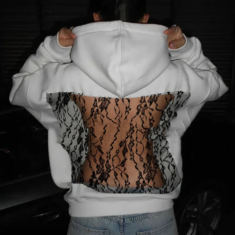 Sexy backless sweatshirt with hollowed out splicing pullover sweatshirt casual long sleeved solid color hooded sweatshirt