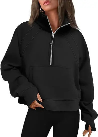 Women Sweatshirt  Stand Collar Spring Autumn Solid Color Hoodie Long Sleeve Pocket Loose Half Zip Sporty Pullover Streetwear Top