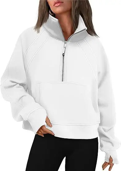 Women Sweatshirt  Stand Collar Spring Autumn Solid Color Hoodie Long Sleeve Pocket Loose Half Zip Sporty Pullover Streetwear Top