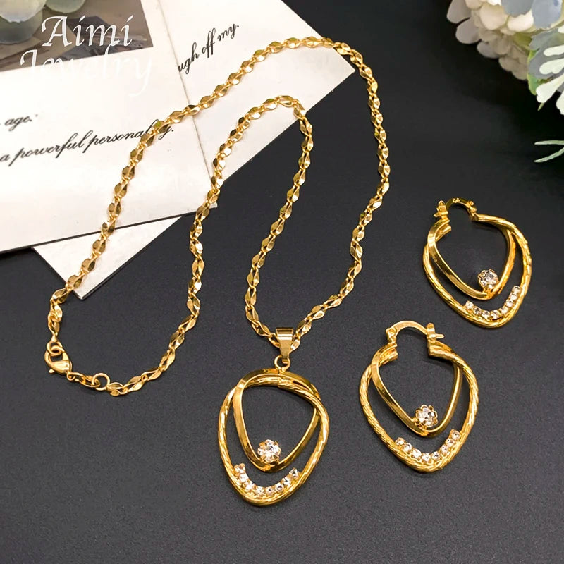Cute Simple Pendant Necklace Golden Hoop Earrings 2Pcs Jewelry Set for Women Dubai Bridal Wedding Party Valentine's Day Gifts
