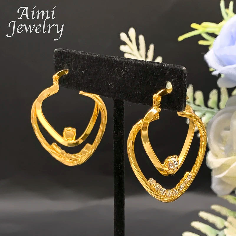Cute Simple Pendant Necklace Golden Hoop Earrings 2Pcs Jewelry Set for Women Dubai Bridal Wedding Party Valentine's Day Gifts