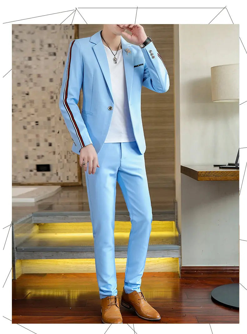 Suit  (Blazer+Pants) Men's Fashionable Checked Travel Gentleman Wedding Fitted Business Trend Casual Korean-style Formal Wear